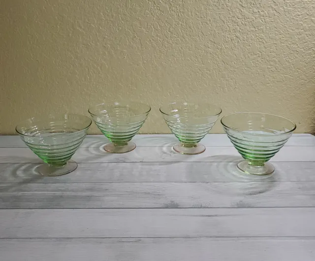 Set of 4 Clear Green and Pink Vintage Glass Swirl Bowls Mint 5” x 4”