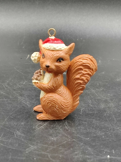 Vintage Plastic Squirrel Christmas Santa Hat Holding Pinecone 2.25"