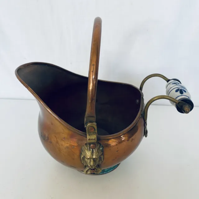 VTG Copper Brass Lion Head Bucket Delft Porcelain Handle COAL ASH SCUTTLE