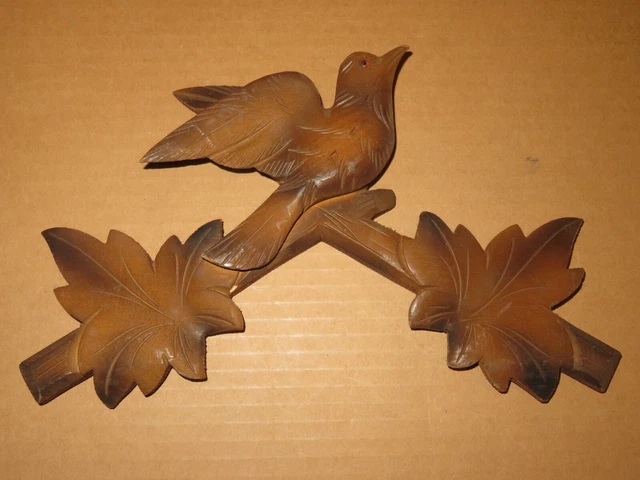 Vintage Wood Cuckoo Clock Parts Top Topper Leaves Bird 11 1/2" #3b