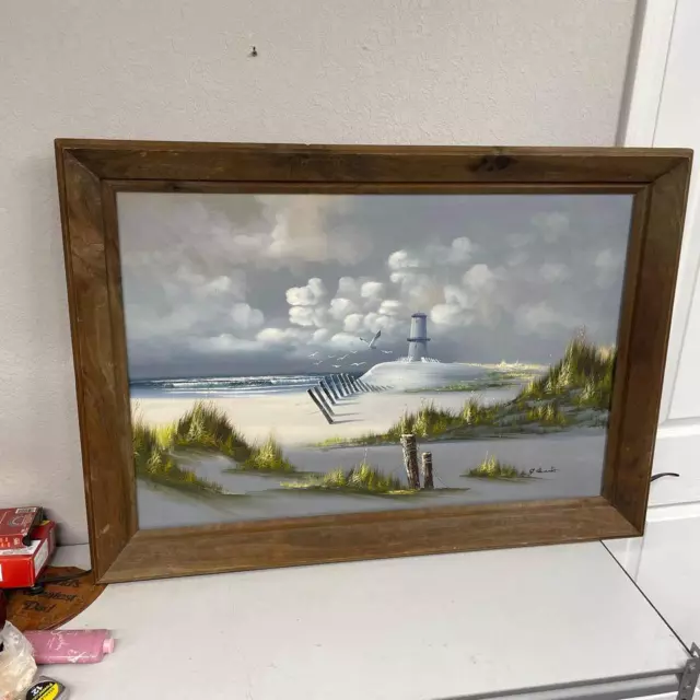 Wood Framed Lighthouse Beach Painting Art Ocean Cabin Elcanto 41.5x29.5 HN