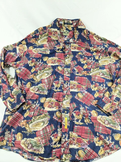 XL True Vtg 90s BD Baggies ALL COTTON HAWAIIAN FootBall PRINT PREPPY SHIRT