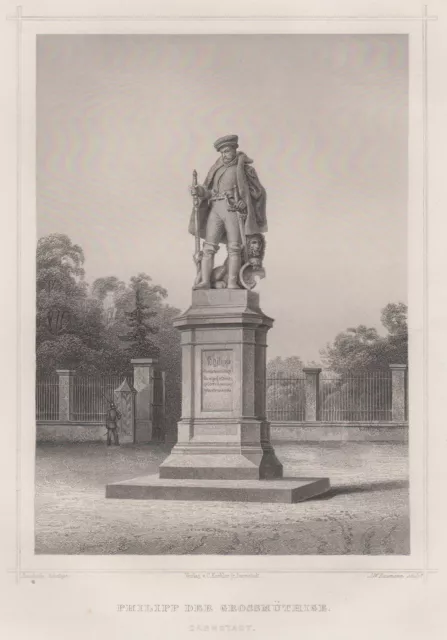 Darmstadt Monumento Philipp Original Grabado de Acero Baumann 1862