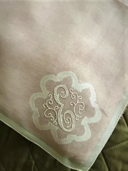 Heirloom 1940's Embroidered Madeira Pale Pink Monogram "E" Wedding Handkerchief