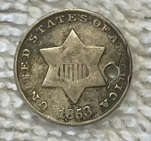 1853 - Silver Three Cent Piece - Punch Hole - Estate Collection