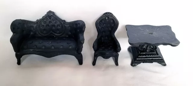 3 Pc Vtg Cast Iron Doll House Miniature Furniture Set Sofa Chair Table Victorian