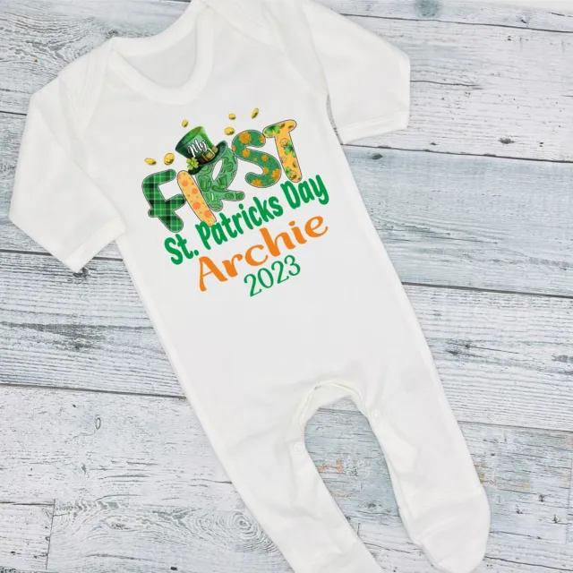 Personalised First 1st St Patricks Day 2024 Name Baby Bib Vest Grow T Shirt
