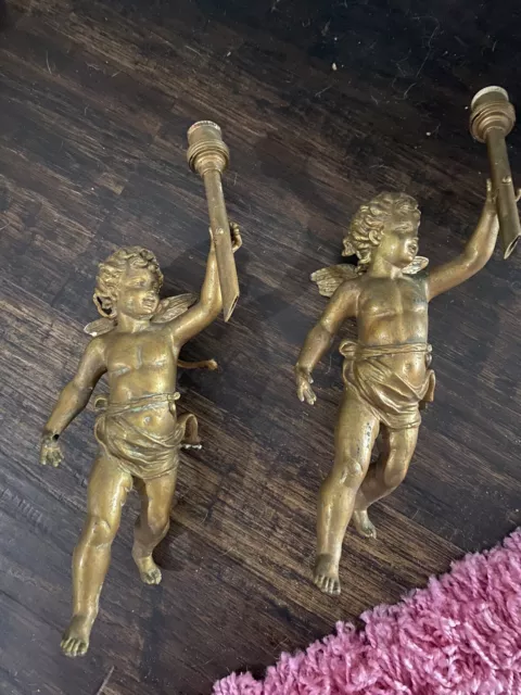 1900 RARE PAIR French Cherub Wall Light Sconce Angel Putti Gilded Spelter Metal