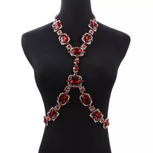 Luxury Sexy Bodychain Jewelry Red Crystal Rhinestone Bra Harness Body Chain