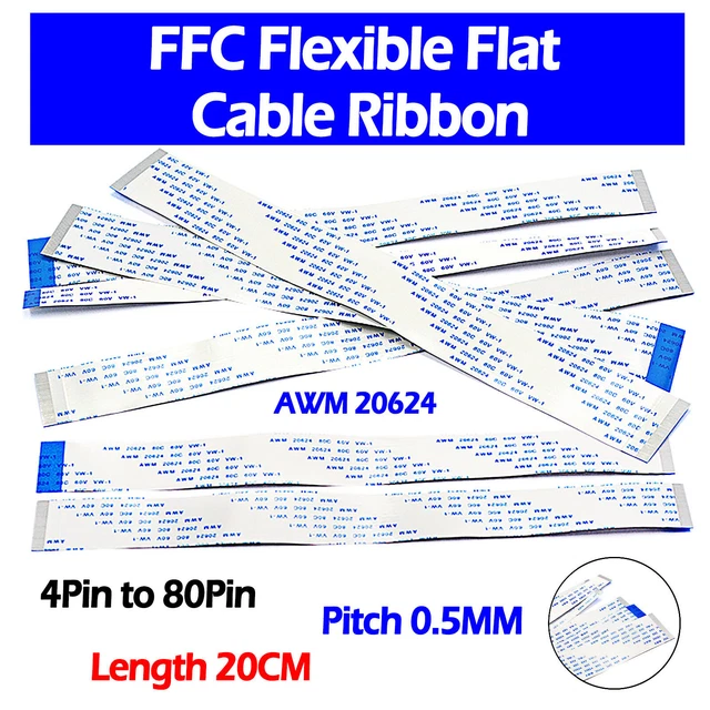 Flexible Flat Ribbon Cable FFC – 4-80 Pin, 0.5mm Pitch, AWM 20624, Copper Conductor (White, Various Lengths)