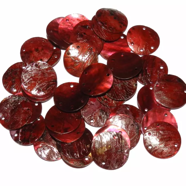 S914 Dark Red 18mm Chinese Mussel Shell Round Link & Drop w 3-Hole Beads 40pc