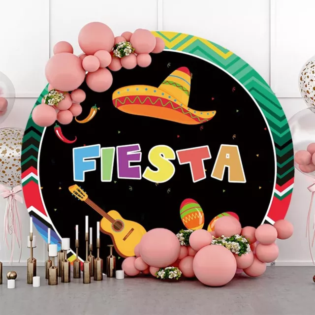 AOFOTO 7.2x7.2ft Mexican Fiesta Theme Round Backdrop Cover Guitar Colorful St...