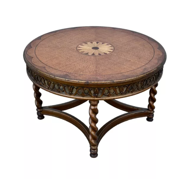 Antique Carved & Painted Venetian Style Round Coffee Table w/Inlaid Oyster Wood