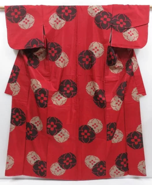 2924T06z650 Vintage Japanese Kimono Silk MEISEN KOMON Flower Dark red
