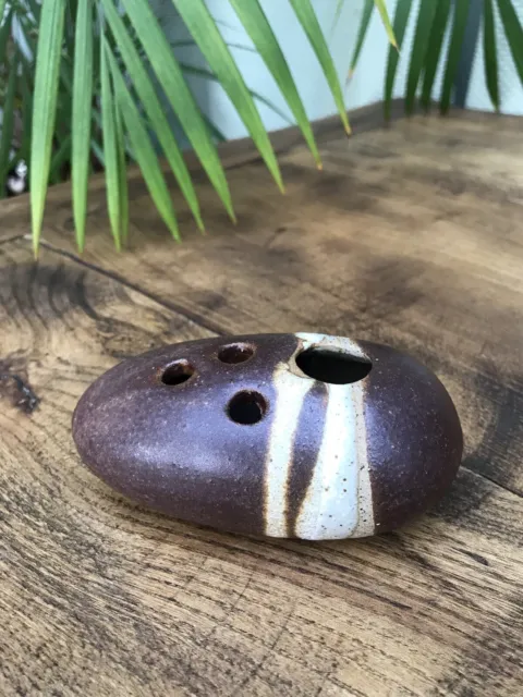 Studio Pottery Ceramic Pebble Shaped Bud Vase-Dark Brown Glaze with White Stripe