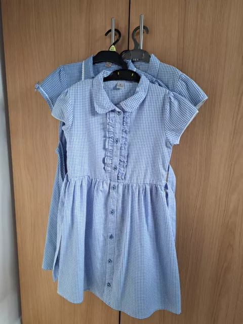 3 x Girls Age 10 Blue Gingham Check Summer Dresses Uniform Sainsburys Tu - Good