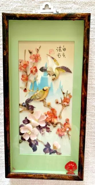 Chinese 3D Carved Shells Birds Flowers Shadow Box Intricate Detail