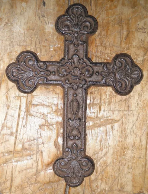 Cast Iron VICTORIAN STYLE Fleur De Lis Wall Cross Rustic Decorative Finish Decor