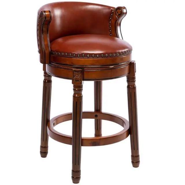 Cow Leather Wooden Bar Stools Seat Height 26''Swivel Counter Chair w/Backs Brown