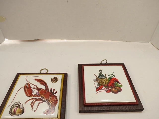 2 Vintage Lobster Tiles Mounted On Wood Wooden Wall Plaques 5.1/2" sq