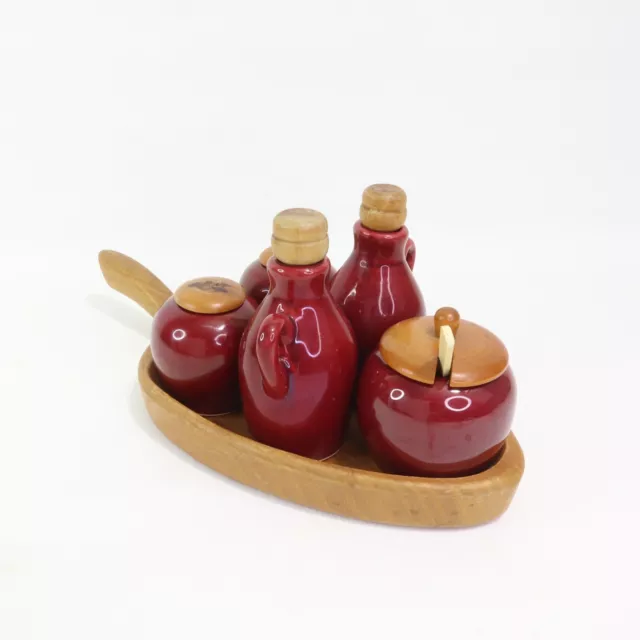 Vintage JIE Gantofta Sweden Pottery Cruet Set Deep Red Ceramic and Teak