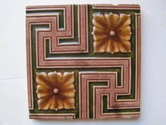 Antique Moulded & Majolica Glazed Tile Greek Key & Floral Design T & R Boote?