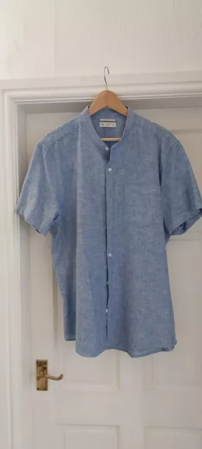 F&F mens linen/cotton short sleeved shirt in blue, size L