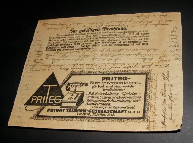 Geschäftsbrief, PRITEG Trier, Privat Telefon-Gesellsch., Stempel Saarburg 1922