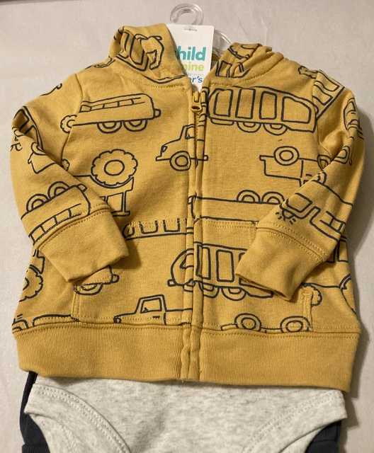 Carters infant baby boy truck 3 piece outfit yellow sweater, t shirt, pants 0-3M 3