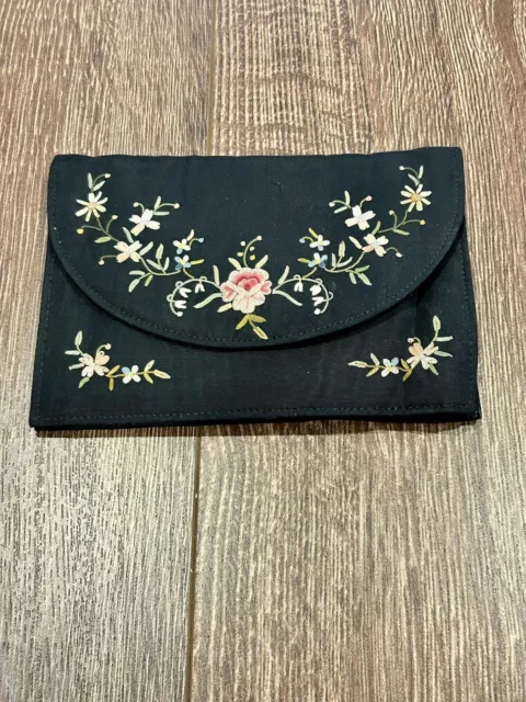 VTG French Point de Beauvais Black Evening Purse Hand Embroidered Flowers READ