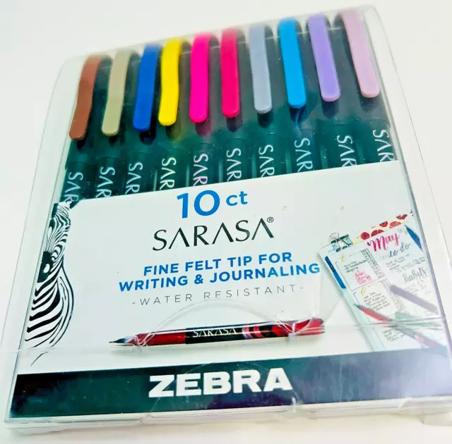 Bnwt Zebra Sarasa Fine Felt Tip 4 Writing|Journaling. Water Resistant. 10-Ct