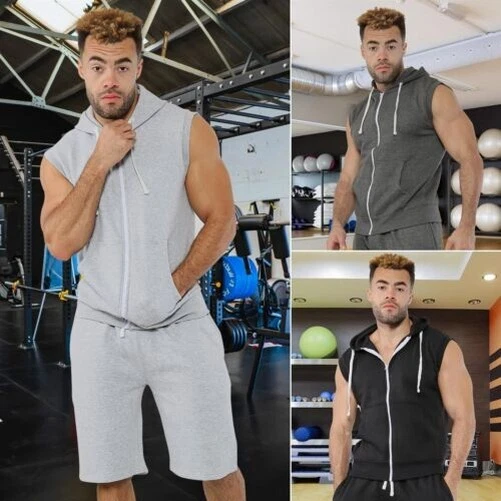 Uomo senza Maniche Felpe con Cappuccio Tuta Top Pantaloncini Pantaloni SPORTS