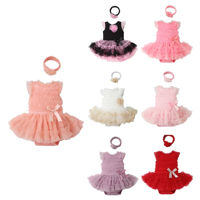 Baby Girl Birthday Tulle Frilly Skirted Bodysuit Sleeveless Rompers Headband Set