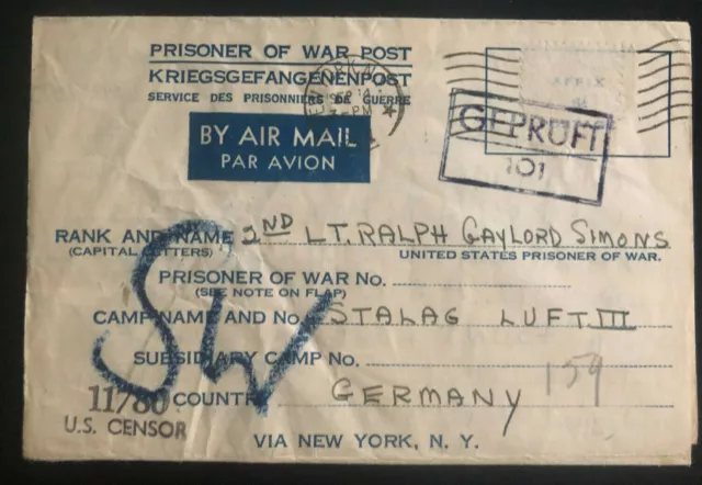 1943 USA cover to Germany POW Camp Luft Stalag 3 Prisoner of War Ralph Gaylord