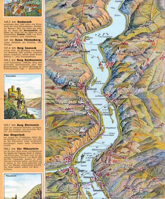 Rhein 1958 orig. Teil-Leporello Bingen Lorch Oberwesel Kaub Loreley Rüdesheim