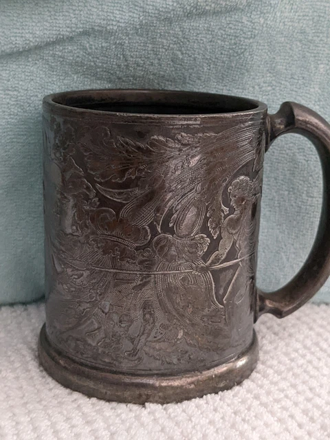 3.5"X2. 5" Meriden B Co. Quadruple Plated 181 Etched Warrior Cup. Mead Huzzah 3.5"X2. 5" Meriden B Co. Quadruple Plated 181 Etched Warrior Cup. Mead Huzzah