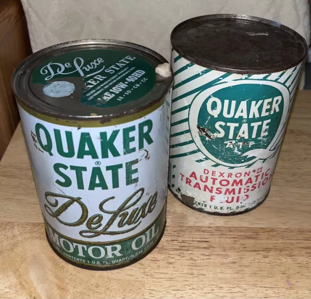 2- Quaker State Cans- Deluxe Motor Oil & Auto. Trani Fluid Quart Cans  --Empty