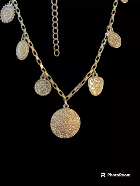 26” Long Gold Tone Medallions Statement Necklace.