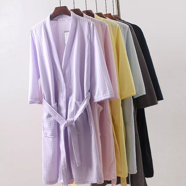 Men Women Summer Cotton Waffle Lounge Bathrobe Nightwear Lovers Kimono Bath Robe 3