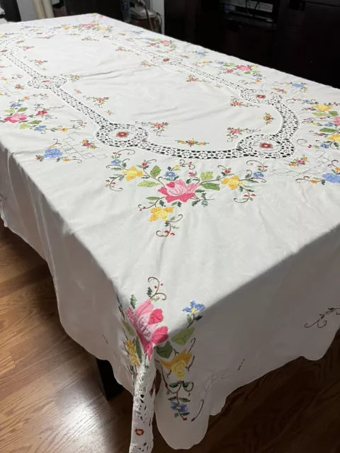 Vtg Tablecloth Floral Hand Embroidered Crochet Cross Stitch Oval 245cm x 158cm