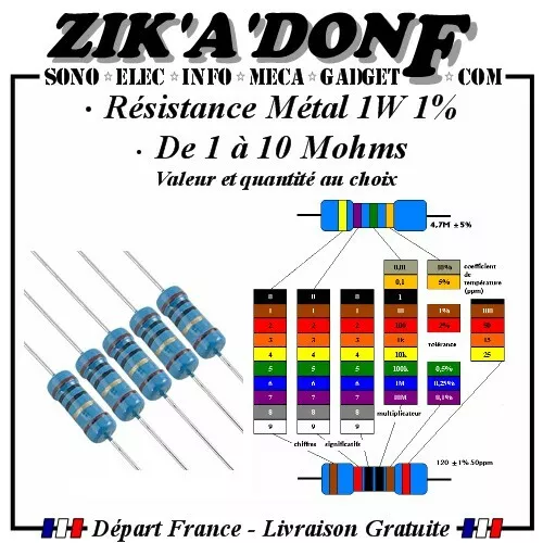 Résistance couche Métal 1W 1% quantité et valeur au choix 1 à 10M OHMS