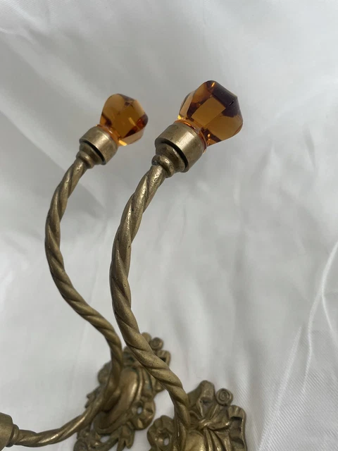 Pair 2 Antique Victorian Ornate Amber Glass Brass Hook Coat Hanger Wall Hardware 5