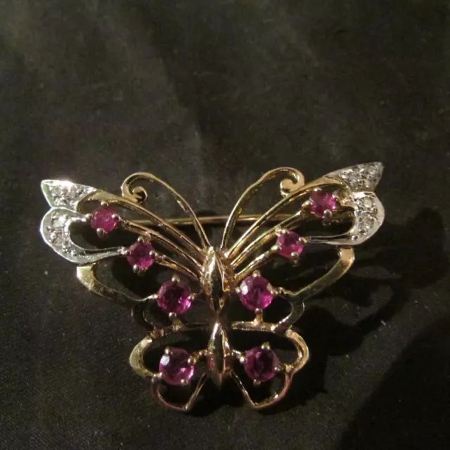 Beautiful Vintage Quality 9ct Gold Rubys & Diamonds Butterfly Brooch