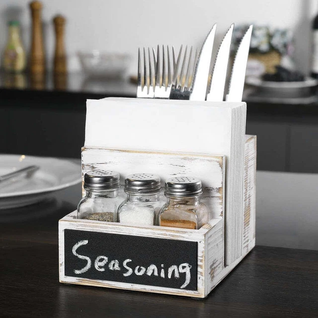 Whitewashed Wood Napkin Holder with Utensil Organizer, 3 Shakers and Chalkboard