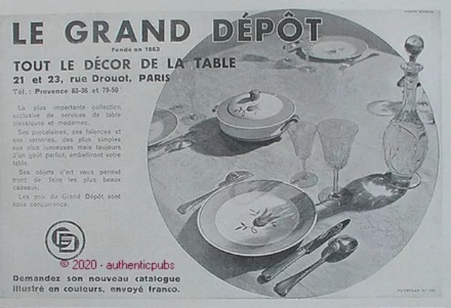 Publicite Le Grand Depot Tout Le Decor De La Table Vaisselle De 1931 French Ad
