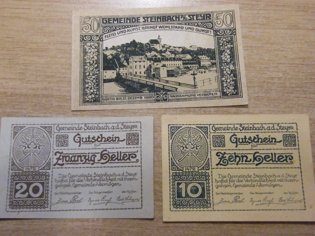 3 x 1920 Austria Steinbach 10-50 Heller Notgeld Banknotes same set, UNC crisp