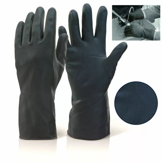 Extra Heavy Duty INDUSTRIAL Black Rubber Latex Gloves Long Gauntlet