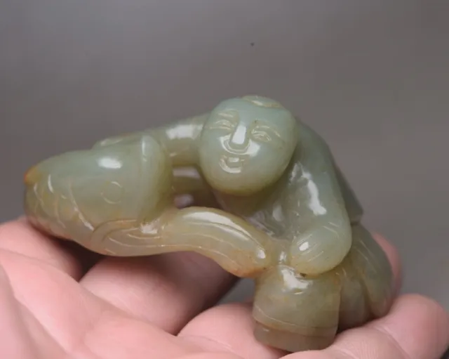 Collection Chinese Natural Hetian Jade Carved Exquisite Boy Fish Statue Figurine