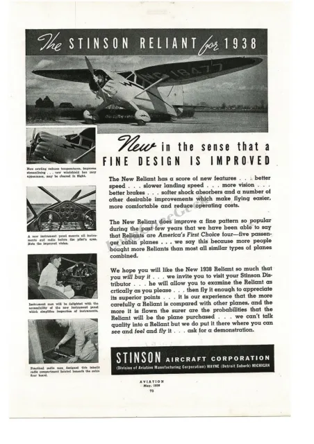 1938 STINSON AIRCRAFT Reliant Airplane Wayne MI Vintage Print Ad