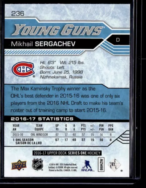 Mikhail Sergachev Young Guns Rookie 2016-17 Upper Deck Card #236 2